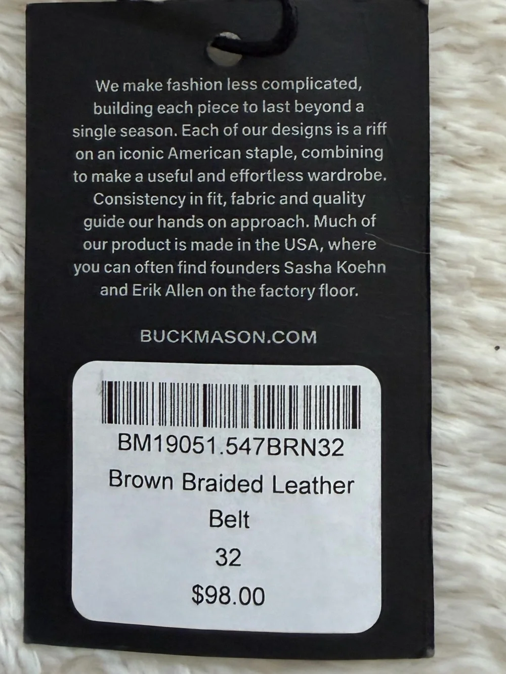 Buck Mason Braided Leather Belt 32 NWT